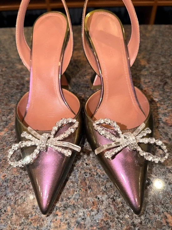 Amina Muaddi Iridescent Pink-Green Slingback Pumps with Crystal Bow - Picture 8 of 8